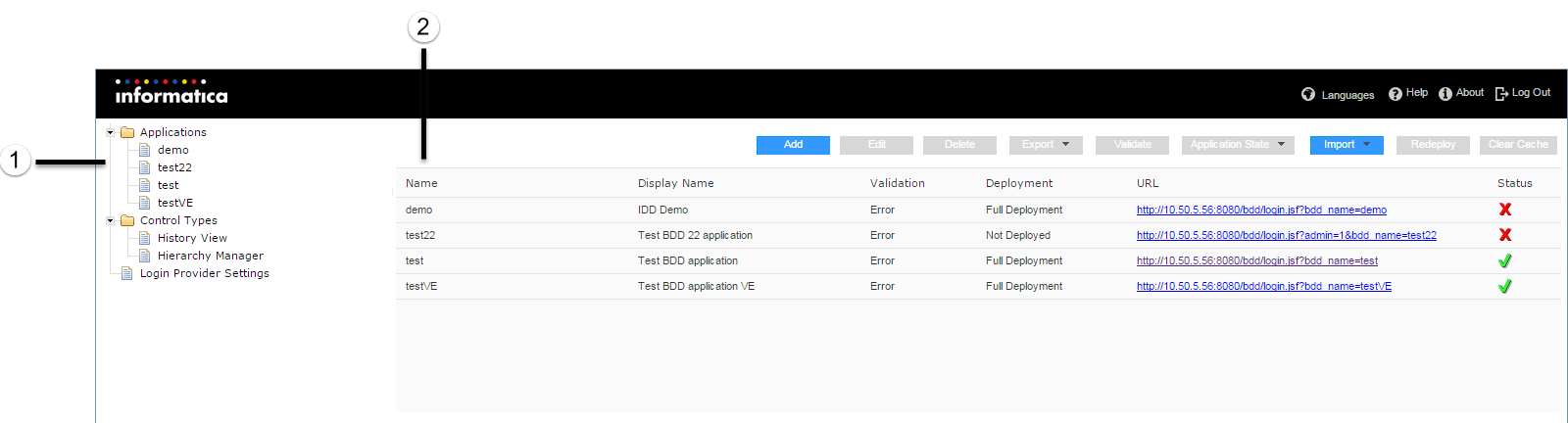 The main screen of the Informatica Data Director configuration tool shows a tree view and a main panel. The tree view displays current applications and control types in a tree format. The main panel displays preconfigured applications. Above the main panel, there are nine buttons: Add, Edit, Delete, Export, Validate, Application State, Import, Redeploy, and Clear Cache.
			 