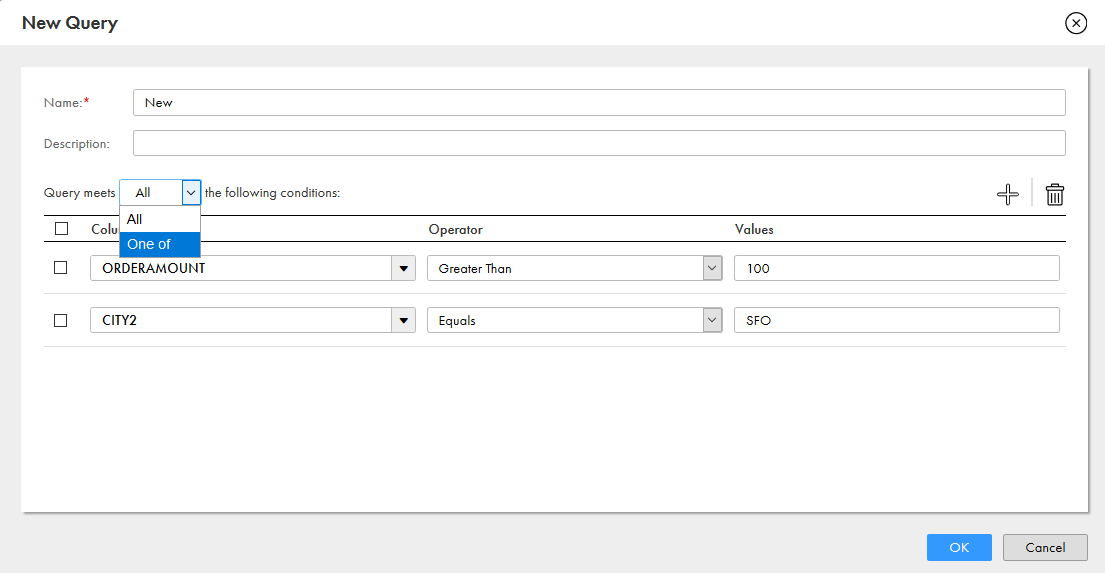 The sample image shows the new query dialog box. The image also shows the add option to add conditions to the query. 
				  