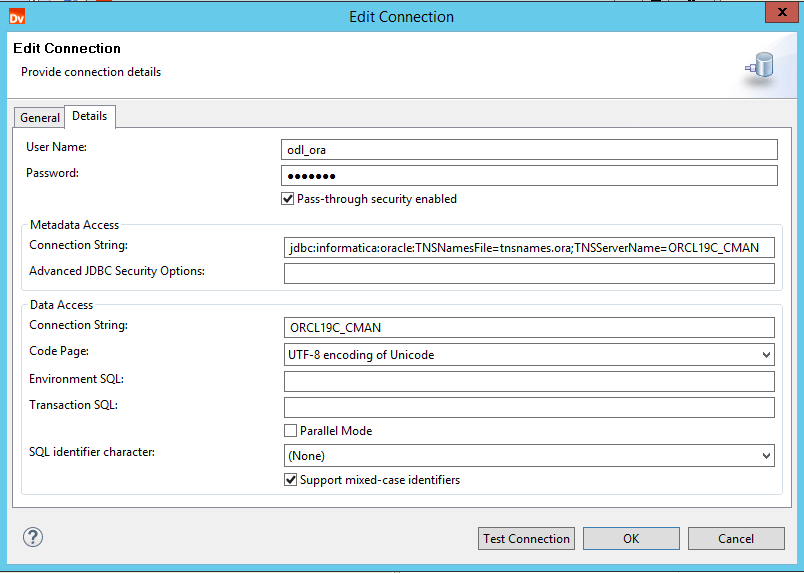 You can view the sample connection string and Oracle connection details. 
				  