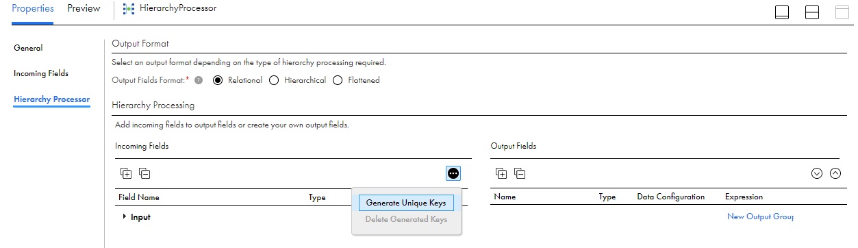The Hierarchy Processor tab of the Hierarchy Processor transformation contains an icon with three dots. The icon gives you the option to generate unique keys when the output data format is relational. 
		  