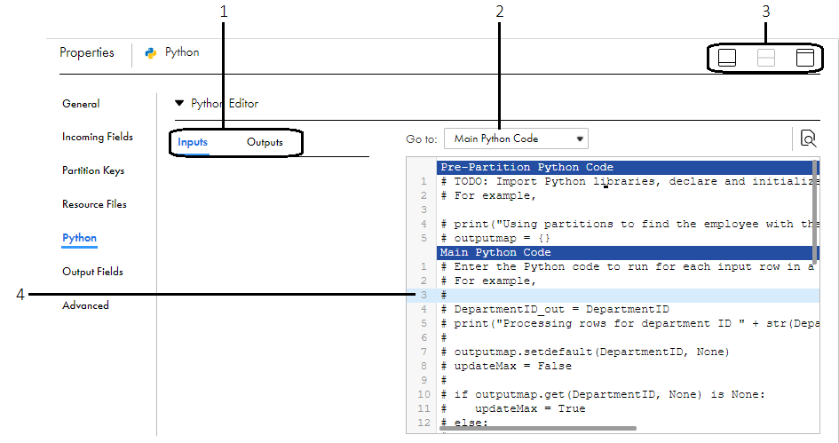 This screenshot shows areas of the Python editor as described in the legend. 
			 