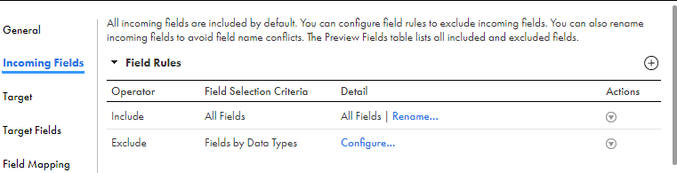 The image shows a rule in the Field Rules area with the Exclude Fields by Data Types field selection criteria selected. The Detail column shows the Configure link, which means the specific data type needs to be selected. 
		  