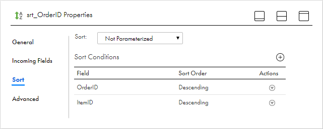 On the Sorter transformation Sort tab, the OrderID field and the ItemID field are configured to sort in descending order. 
		  
