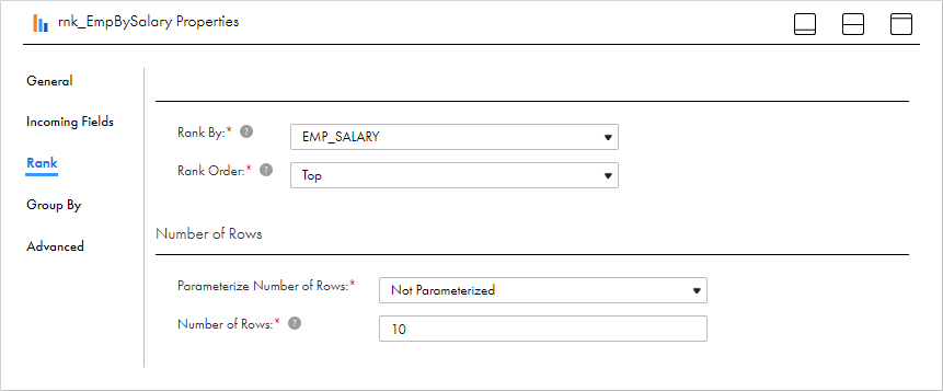 The Rank tab of the Rank transformation defines the rank properties. In this example, the Rank By field is "EMP_SALARY," the rank order is "Top," and the number of rows is "10." Therefore, the transformation ranks the top 10 employees based on the values in the EMP_SALARY field. 
		  