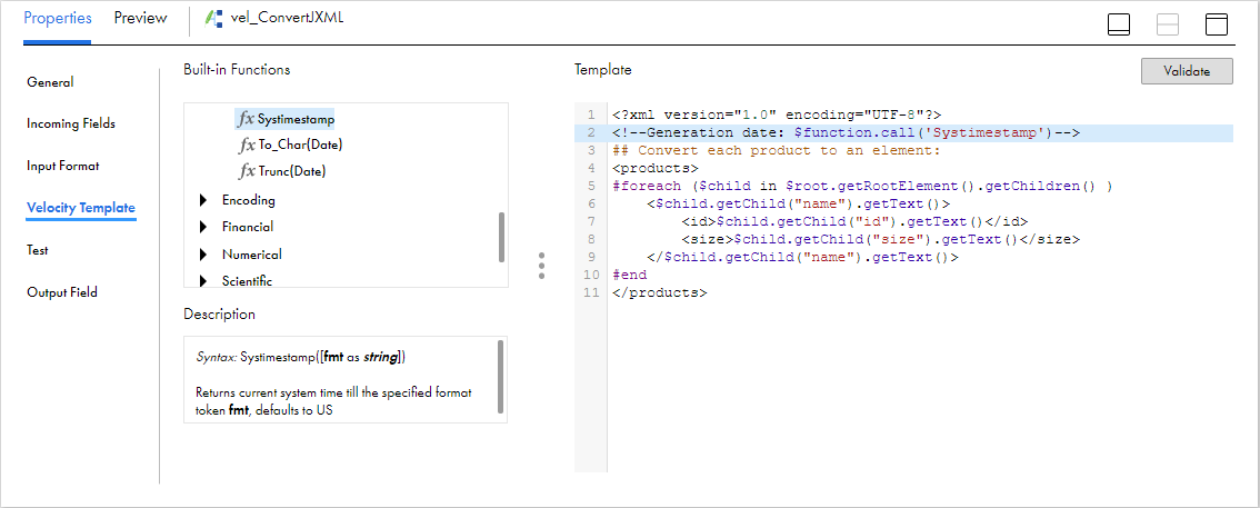 The Velocity Template tab contains a list of built-in functions on the left and the template editor on the right. 
		  
