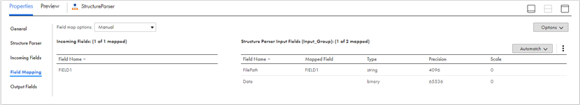 The Field Mapping tab shows the incoming fields that you can map to the Structure Parser input fields. 
			 