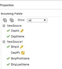 The Field Mapping tab shows incoming fields from two sources, NewSource and NewSource1. The NewSource1 source includes the DeptFk field which is a foreign key. 
			 