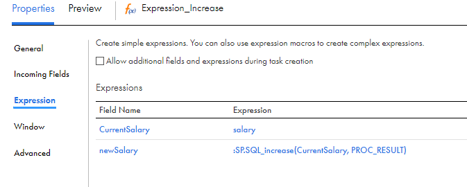 The image shows the Expression tab for the Expression_Increase transformation. The transformation contains two field expressions. 
				  