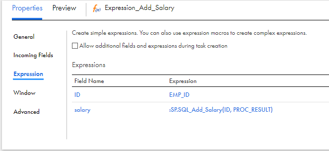 The image shows the Expression tab for the Expression_Add_Salary transformation. The transformation contains two field expressions. 
				  