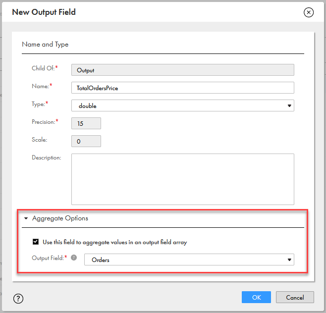 The "New output field" dialog box shows the properties for the TotalOrdersPrice field. The Aggregate Options are highlighted where the "use this field to aggregate values in an output field array" checkbox is selected and the Output Field is set to Orders.