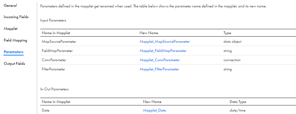 The Parameters tab shows a table with the parameter name in the mapplet, the new mapplet name, and the parameter type. For example, on the first line the data object parameter "MapSourceParameter" is renamed to "Mapplet_MapSourceParameter" in the Mapplet transformation.
			 