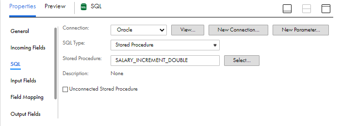 On the Properties panel an Oracle connection is selected, the SQL type is set to "Stored Procedure," and a stored procedure named "SALARY_INCREMENT_DOUBLE" is selected from the database. 
		  
