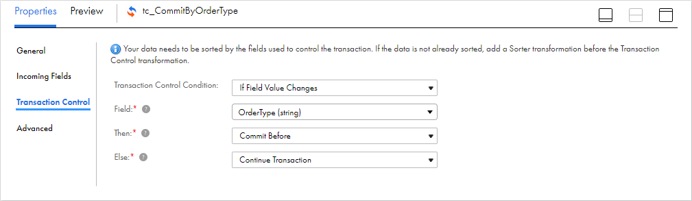 The Transaction Control tab contains the transaction control condition. In this image, the transaction control condition is set to "If Field Value Changes." The other fields on the tab are Field, Then, and Else. 
		  