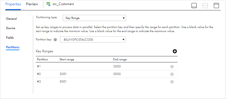 On the Partitions tab for the Source transformation, the partitioning type is "Key Range" and the BILLINGPOSTALCODE column is selected as the partition key. The Start Range and End Range columns for each partition define the range of values for each partition. In the first partition, the start range is blank, so the minimum value is used as the starting value. In the third partition, the end range is blank, so the maximum value is used as the ending value.
			 