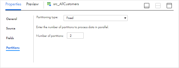 On the Partitions tab of the Source transformation, the partitioning type is "Fixed" and the number of partitions is set to "2."
			 