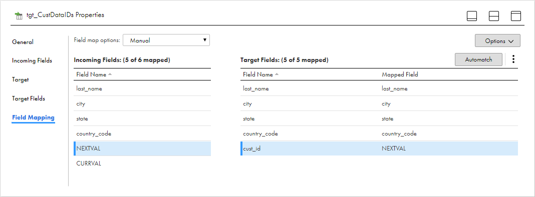 The Field Mapping tab shows the NEXTVAL output field mapped to the cust_id field. 
				  