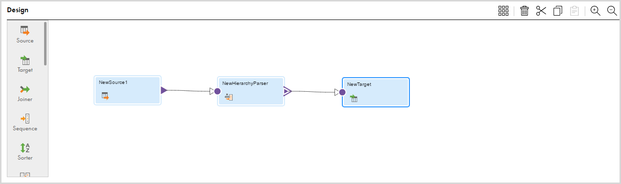 The mapping shows the data flow from the SourceLogFile source to a Structure Parser transformation with name LogParser. The Structure Parser transformations is linked to the TargetFile target. 
			 