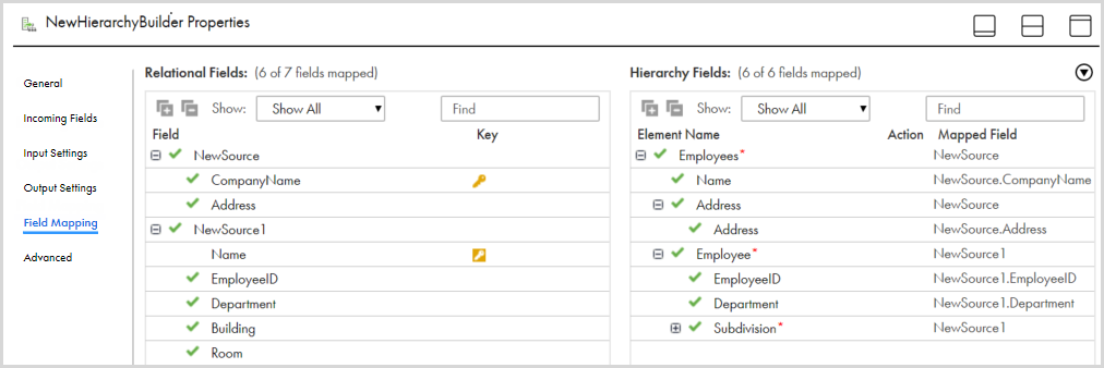In the Properties panel, the Field Mapping tab shows the relational inputs fields on one side and hierarchy fields on the other. 6 of 7 relational fields are mapped and there is a primary key and foreign key designated in the relational fields. 
			 