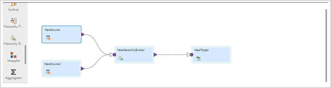 マッピングに、SourceLogFileソースからLogParser構造パーサートランスフォーメーションへのデータフローが表示されます。構造パーサートランスフォーメーションはターゲットTargetFileにリンクされています。 
				