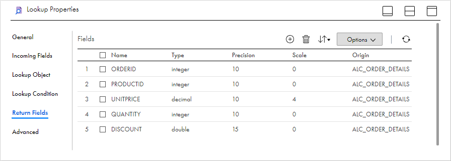 テーブルALC_ORDER_DETAILSの各戻りフィールド（［ORDERID］、［PRODUCTID］、［UNITPRICE］、［QUANTITY］、［DISCOUNT］）が一覧表示されたルックアップトランスフォーメーションの［戻りフィールド］タブ。 
			 