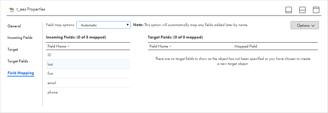On the Field Mapping tab of the Target transformation, the field map opitions are set to "Automatic." Therefore, the incoming fields will be automatically mapped to the target fields. 
				