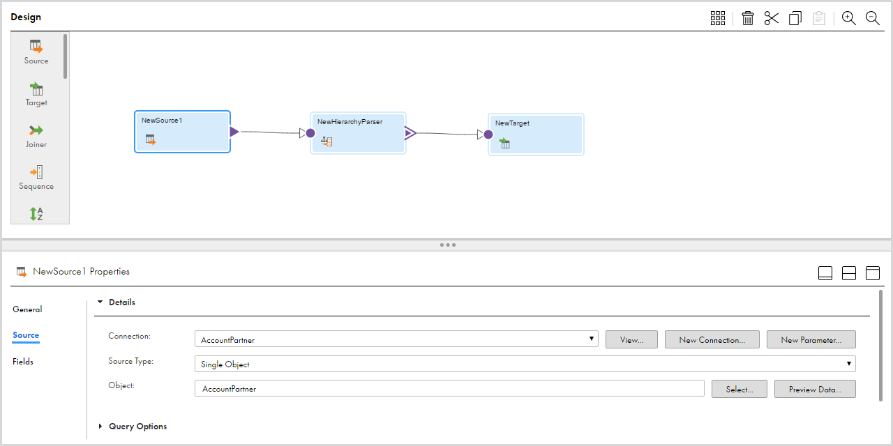 The source object details show the the connection, type of source, and the input file. 
			 