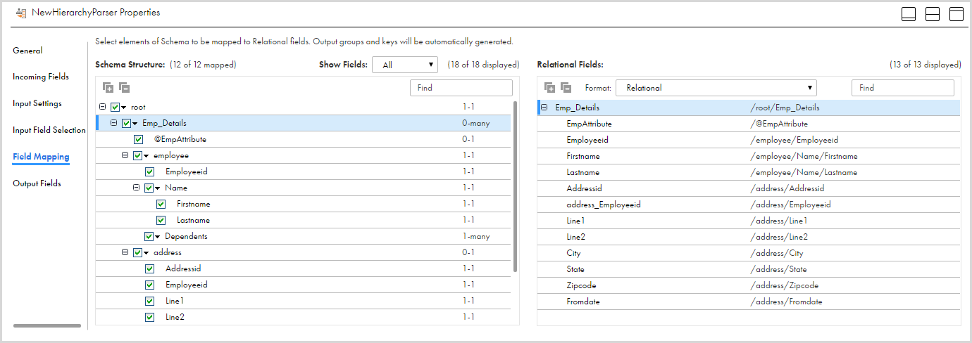 The Field Mapping tab shows the incoming fields that you can map to the Structure Parser input fields. 
			 