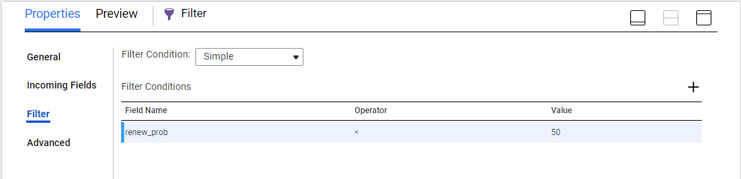 The Filter tab of the Filter transformation properties includes a simple filter condition. 
				