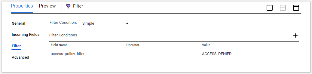 The image shows the Filter tab. The user has selected "Simple" as
                    the filter condition and added ACCESS_DENIED as teh value for the
                    access_policy_filter field name.