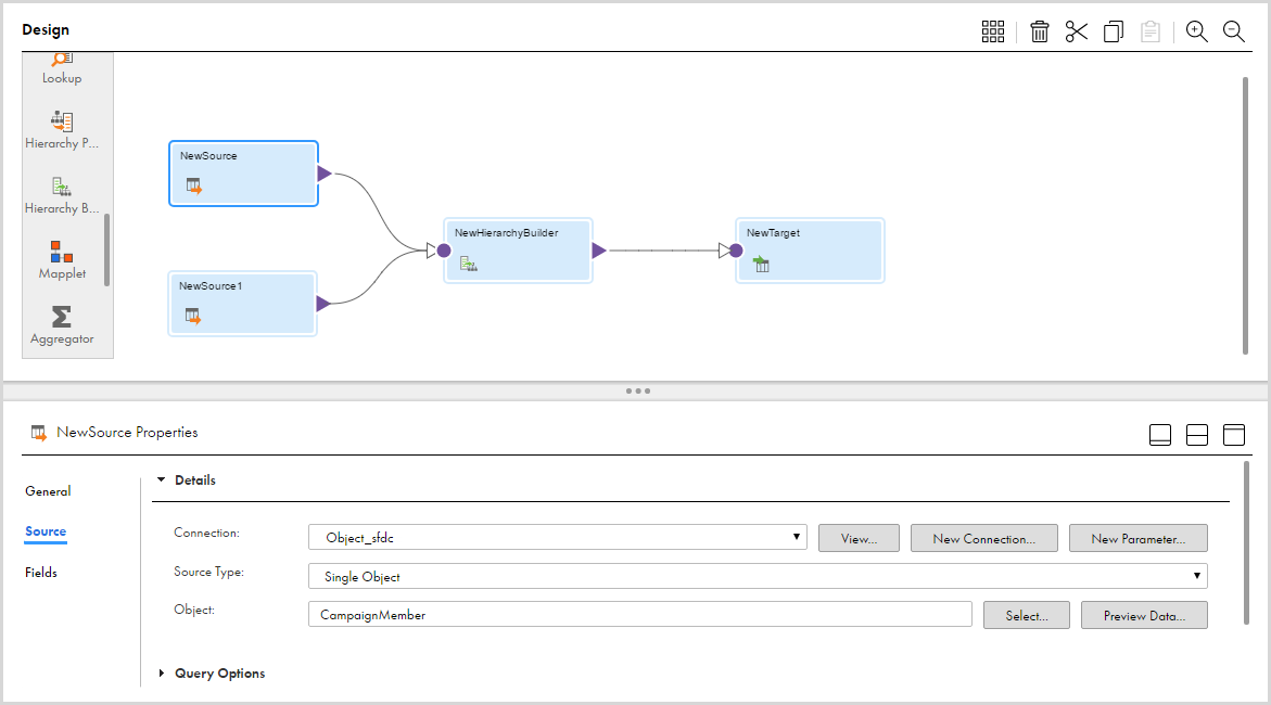 The source object details show the the connection, type of source, and the input file. 
				