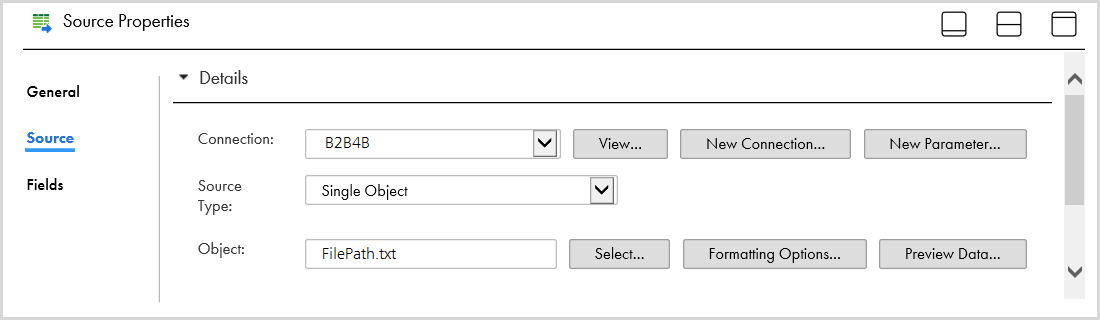 The source object details show the the connection, type of source, and the input file. 
			 