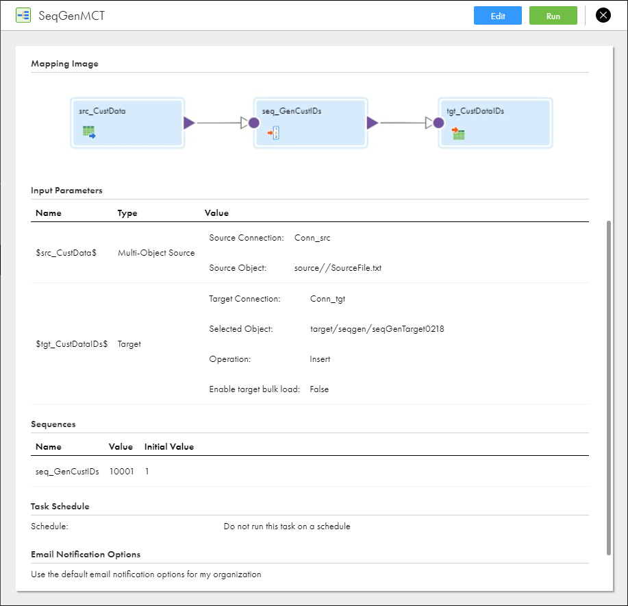 The mapping task details show the current value and the initial value for the sequence. 
				