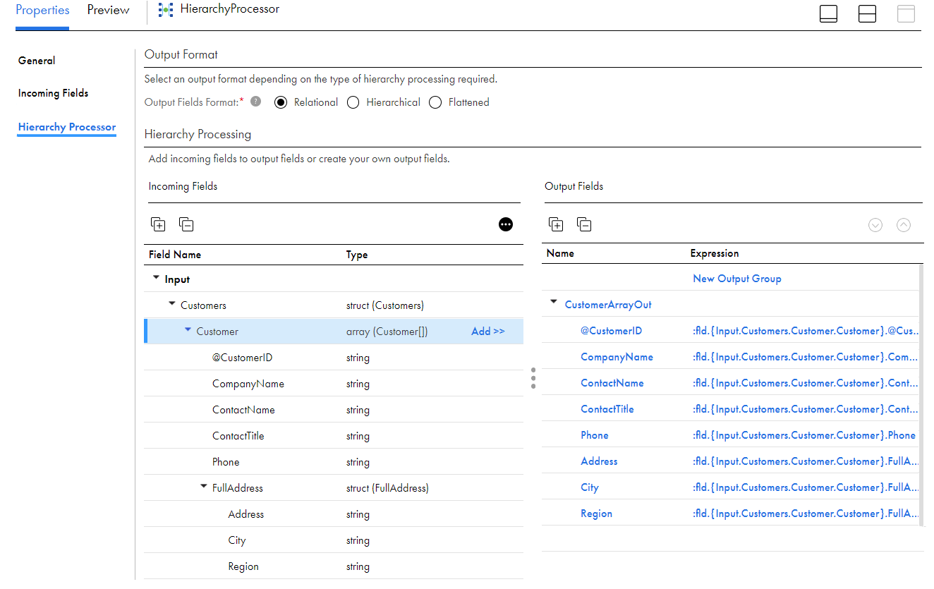 The list of incoming fields on the left includes a top-level struct: Customers. Below that struct is an array: Customer. The Customer array contains five string fields and a struct: FullAddress. The struct FullAddress contains three string fields. The output group on the right, after applying Add Single Occurring Children, contains eight string fields. 
				