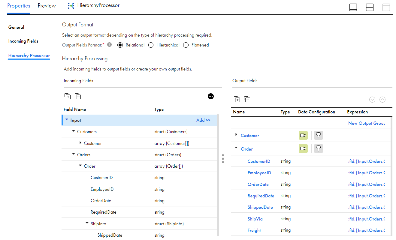 The list of incoming fields on the left includes a top-level struct: Customers, which contains an array: Customer. The next struct is Orders, which contains an array: Order. The output groups on the right, after applying Add All Descendants, are Customer and Order. 
				