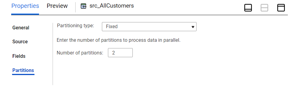 On the Partitions tab of the Source transformation, the partitioning type is "Fixed" and the number of partitions is set to "2." 
			 