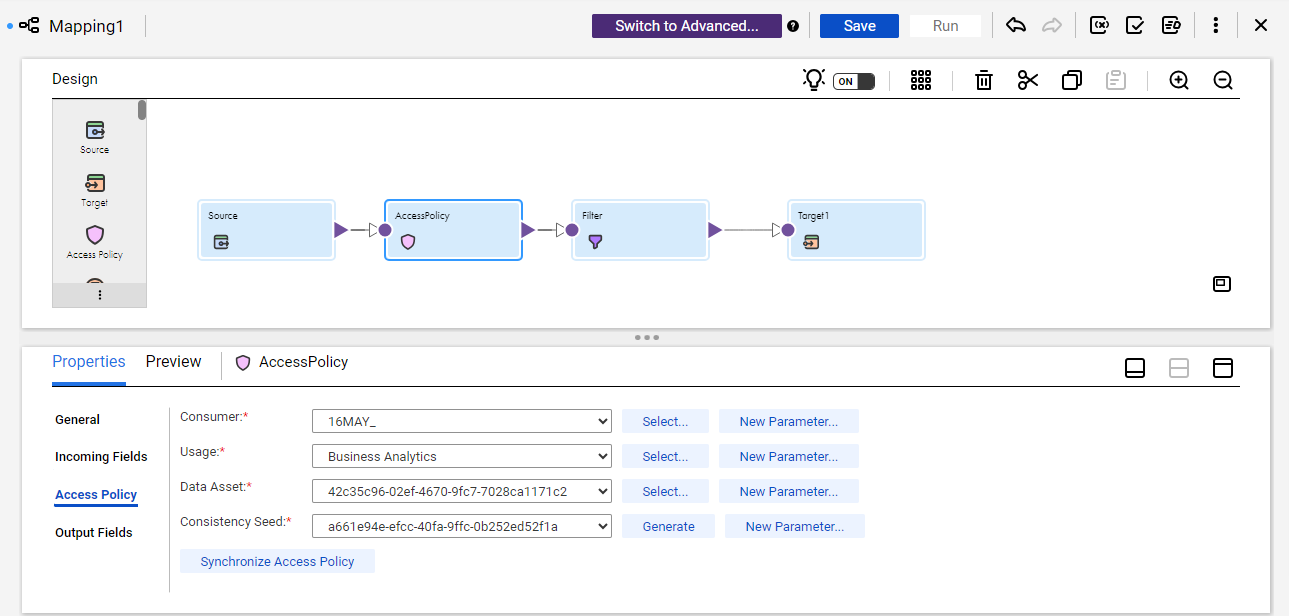 The image shows the Access Policy tab of the transformation. The tab
						properties include Consumer, Usage, Data Asset, and Consistency Seed fields,
						and a Synchronize Access Policy button.