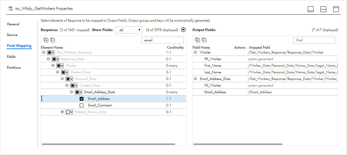 The Output Fields area indicates the primary and foreign keys. 
			 