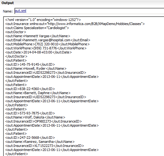 "The Output panel shows sets of patient detailss grouped per patient under each doctor." 
				  