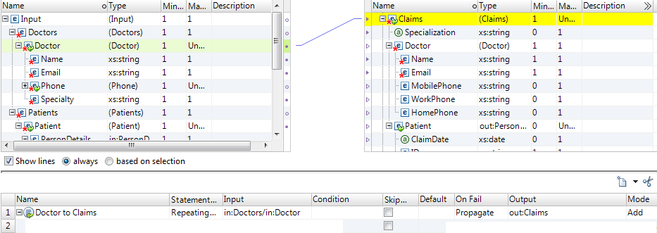 "When you drag from an input schema node in the XMap editor to a node in the output schema, you create a link. When you create links, these are mapping statements. The XMap editor shows the mapping statement in the grid. The XMap editor automatically fills in all the fields for the mapping statement. You can edit the fields to change the logic." 
				  