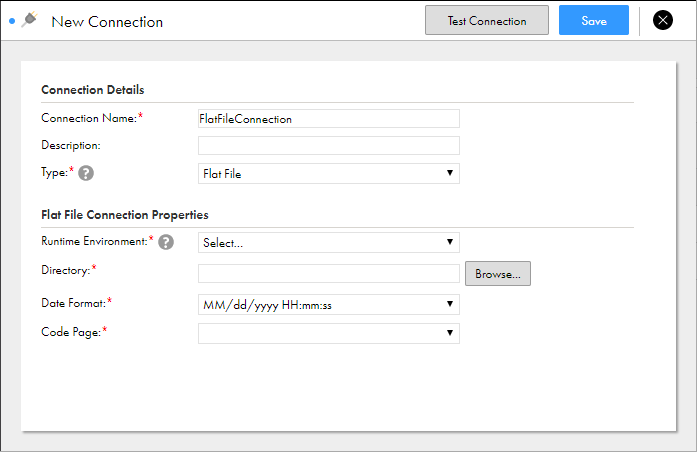 The connection properties vary by connection type. For flat file connections, you enter the runtime environment, directory, date format, and code page. 
				  