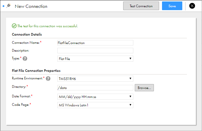 When you test the connection, the test results are displayed at the top of the New Connection dialog box. 
				  