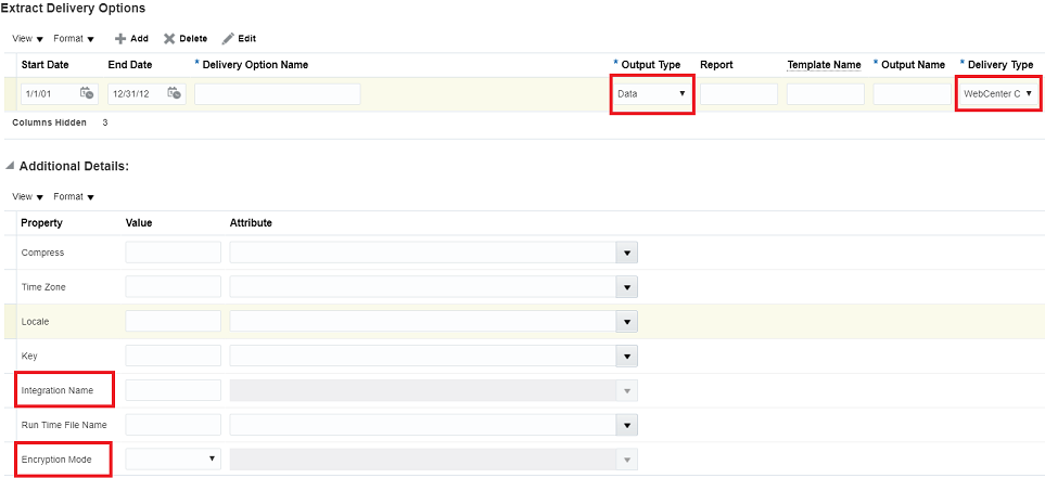 You can set up the Output Type, Delivery Type, Integration Name, and Encryption Mode fields under the Extract Deliver Options  page in the Oracle HCM Cloud application.