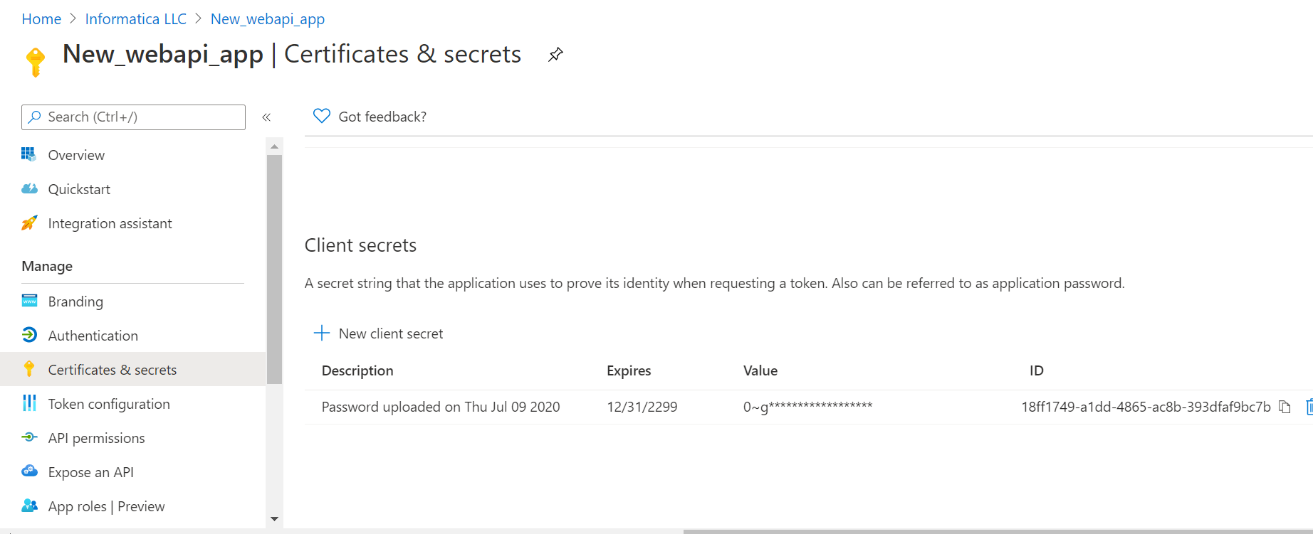 You can view the Azure registered application page in Azure Active Directory.
				  