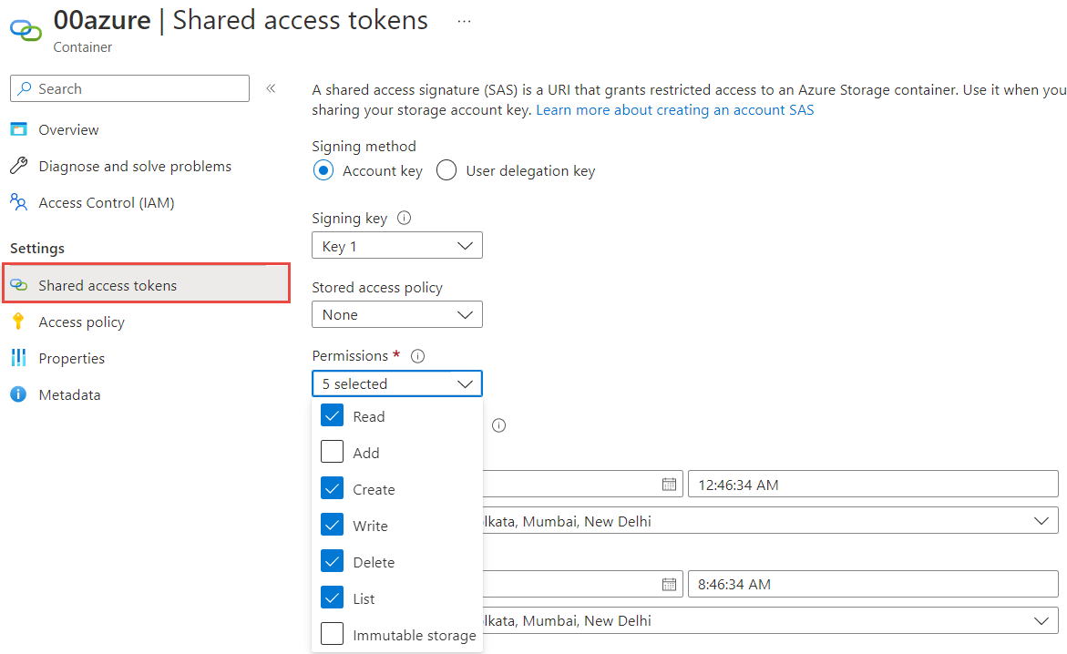 The image shows the minimum permissions required for shared access signature authentication. 
				  