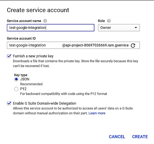 The image shows the Credentials page where you can create a
									service account and obtain a service account key. 