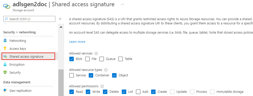 The image shows the minimum permissions required for shared access signature authentication. Select read, write, delete, list, and create permissions. 
				  