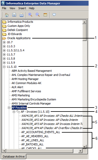 The hierarchical structure of nodes consist of an Application, Application Version, Application Module, Entity, Interim table, and Business table. 
			 