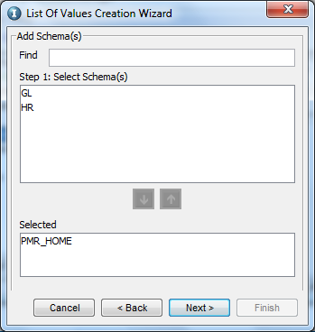 In the second page of the List of Values Creation Wizard, select a schema. 
				  