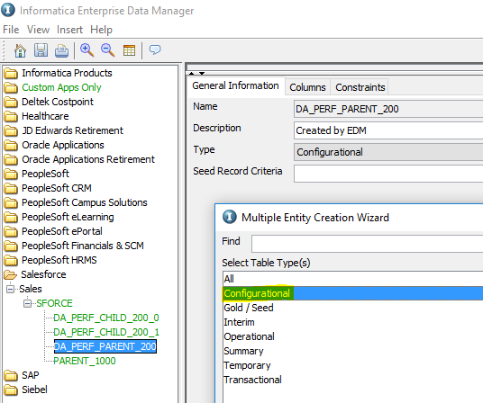 Because the related tables are of the Configurational type, you must create the entity using the Configurational type. 
				