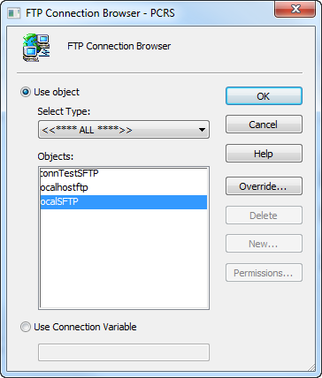 The FTP Connection Browser dialog box has Use object and Use Connection Variable options. 
				